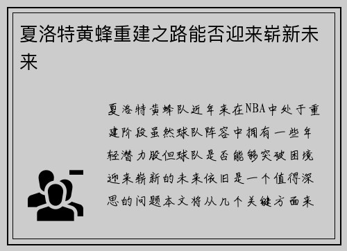 夏洛特黄蜂重建之路能否迎来崭新未来