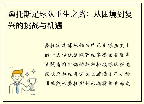 桑托斯足球队重生之路：从困境到复兴的挑战与机遇