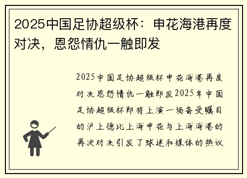 2025中国足协超级杯：申花海港再度对决，恩怨情仇一触即发